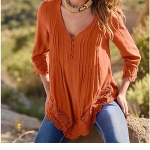 VENUS Orange Pleated Ruffled Tunic Top